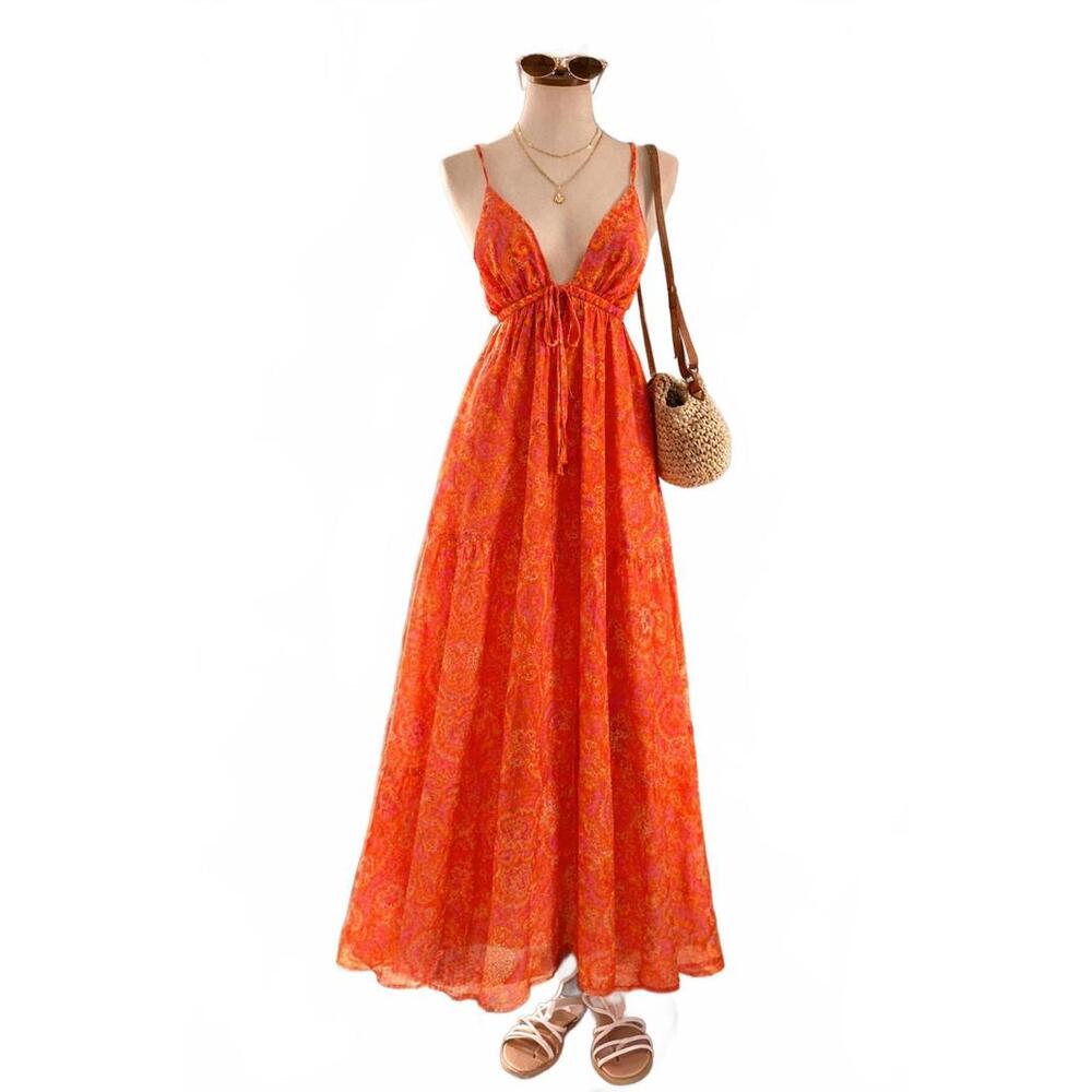 Miguelina 100% Silk Open Back Paisley Maxi Dress
